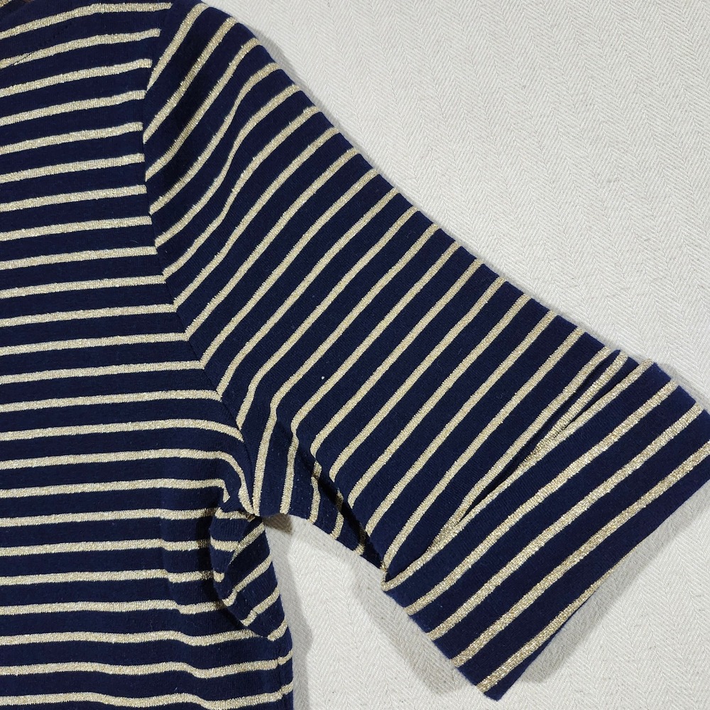 LAUREN Ralph Lauren Women's M Striped Metallic Gold & Navy Boatneck TShirt Top - Picture 6 of 11